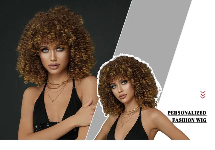 18" Curly Afro Wig with Bangs for Black Women. Kinky curly synthetic wig in ombre brown blonde.