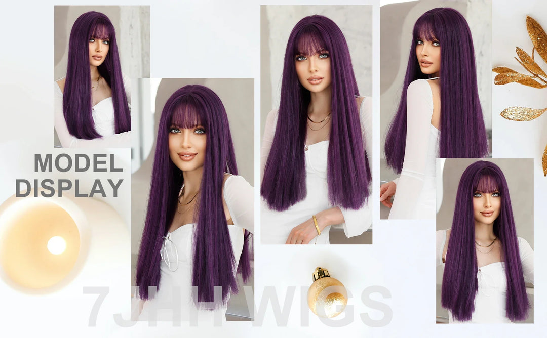 28 Inch Honey Blond Wig with Bangs, Long Straight Synthetic Wig for Women. Natural looking and suitable for daily use.