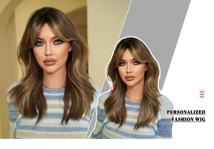 16-Inch Highlight Brown Wig with Middle Bangs, High-Temperature Resistant Synthetic Matte Hair, Natural Fashion #