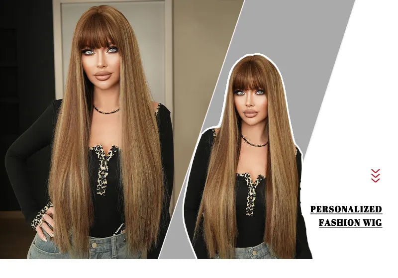 28 Inch Natural Black Wig with Bangs Extra Long Straight Wig for Women. This wig is natural-looking and comes in black-brown synthetic material.