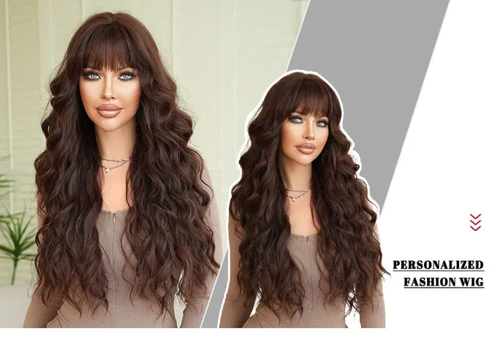 28 Inch Curly Brown Synthetic Hair Shoulder Length Water Wavy Wigs Heat Resistant Fiber Natural Matt Wigs Peluca Rizada