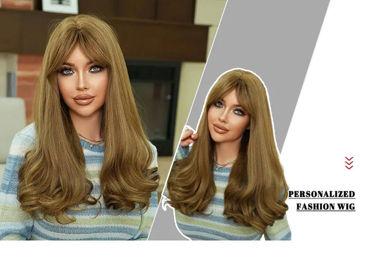 24-inch long curly middle-parted blond synthetic hair wigs with bangs. Blonde heat-resistant fiber natural matte wigs. Peluca.