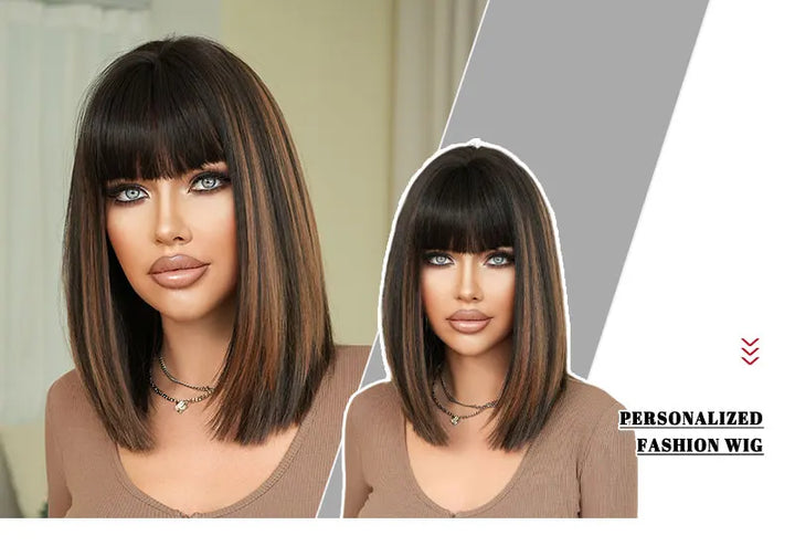 16-inch Black Brown Shoulder-Length Straight Synthetic Heat-Resistant Wig for Women with Natural Hairline Matte Hair Wig