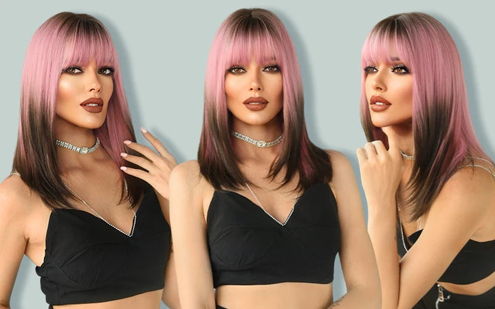 Pink and brown ombre wig with bangs for women. Great for cosplay, Christmas parties, and other events. Made of synthetic material.