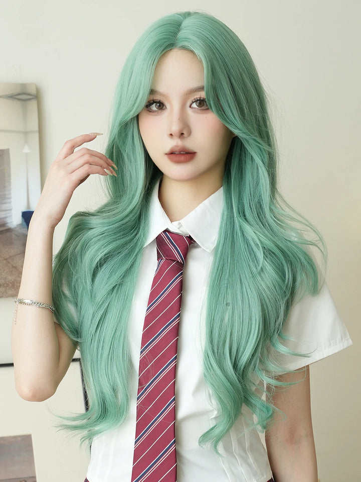 28-inch long water wave light green middle-parted synthetic matte hair wig for women. Heat-resistant lace front wig.