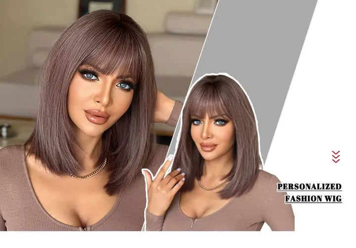 Purple Ombre Shoulder-Length Straight Layered Synthetic Wig with Bangs, 16 Inches. Natural Matte Hair for Women.