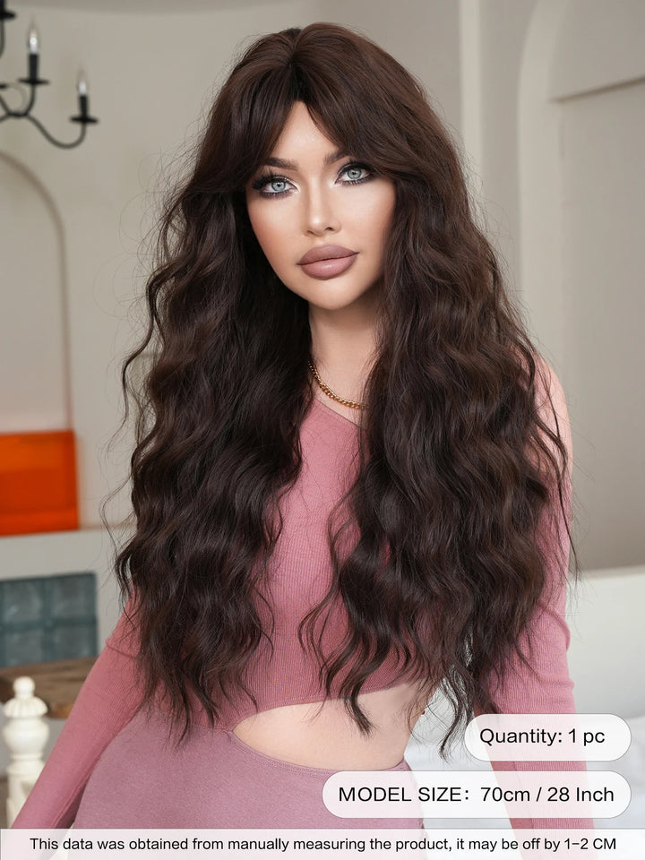 28 Inch Curly Ombre Brown Synthetic Hair Shoulder Length Wavy Wig. Heat resistant fiber, natural look