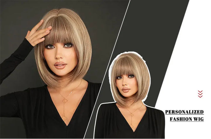 Black Bob Wigs with Bangs, Synthetic Straight Bob Wigs for Women, Heat Resistant 12 in Hair