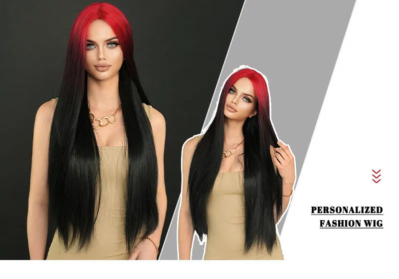 32" Ombre Red Synthetic Hair Wig with Bangs and Middle Part, Billie Eilish Style