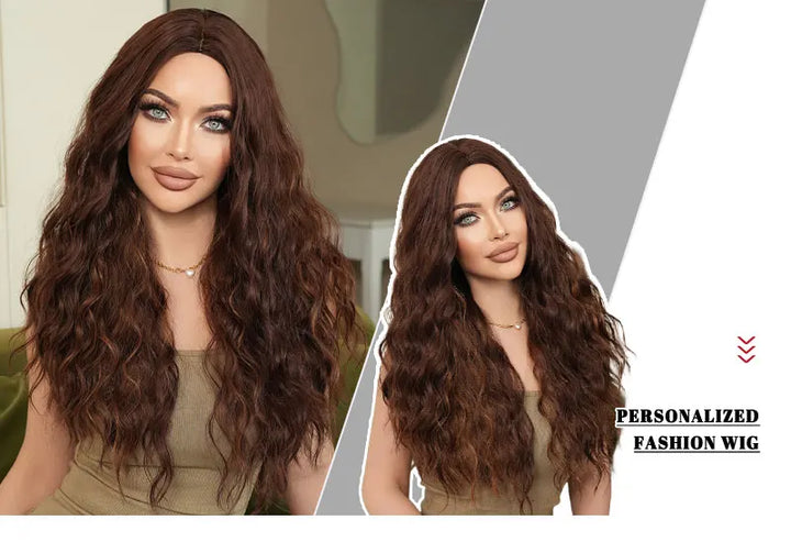 28-inch long curly brown ombre synthetic hair wig with a middle parting, water wave style. Made from heat-resistant fiber for a natural matte finish. Peluca#