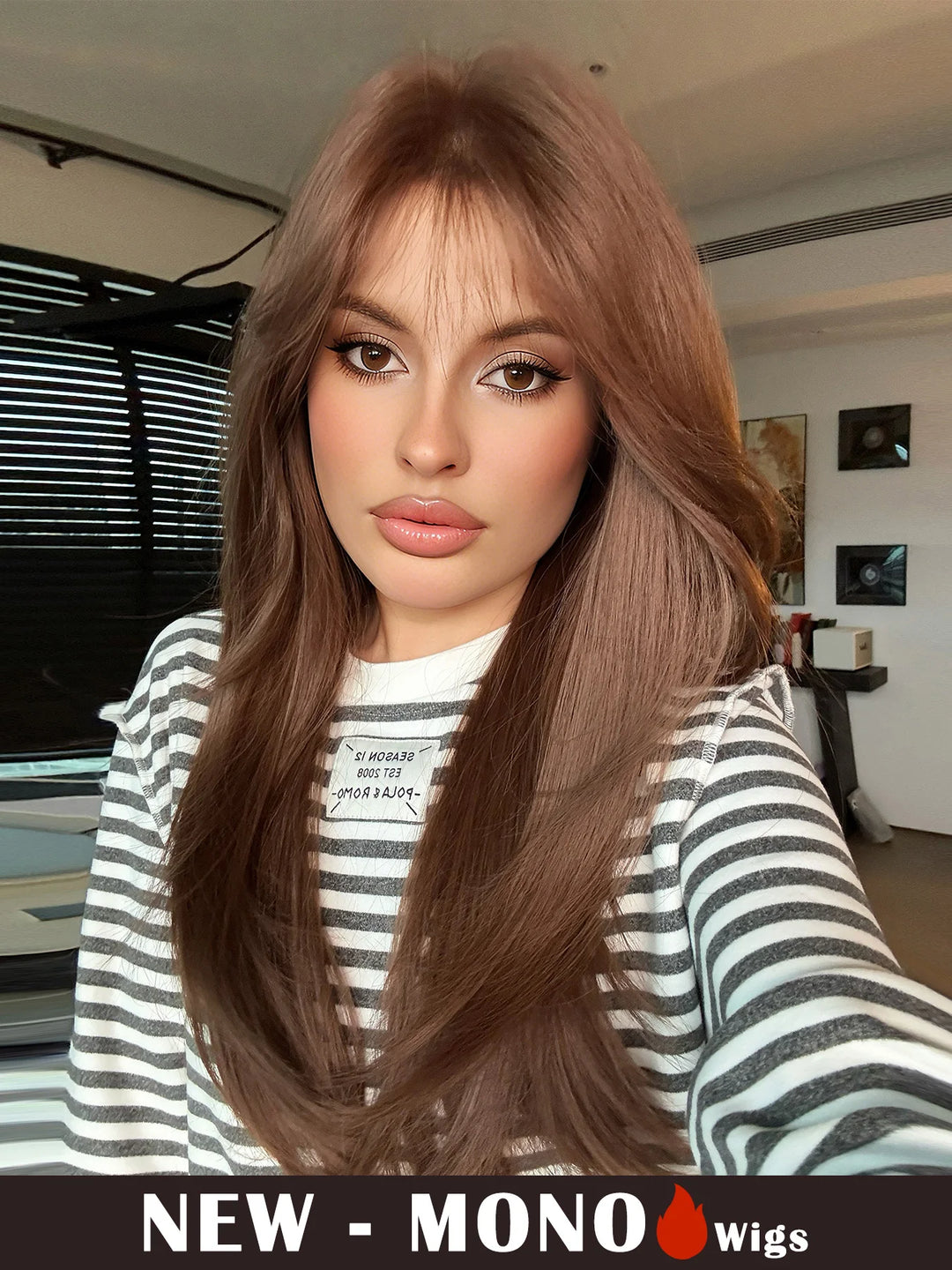 Monotop U Lace Long Straight Layered Wig for Women 26 Inches Light Brown Synthetic Wig with Natural Hairline