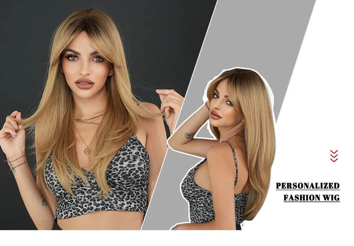 26-inch Layered Long Straight Ombre Blonde Middle-Parted Synthetic Matte Hair Wig for Women, Heat Resistant.