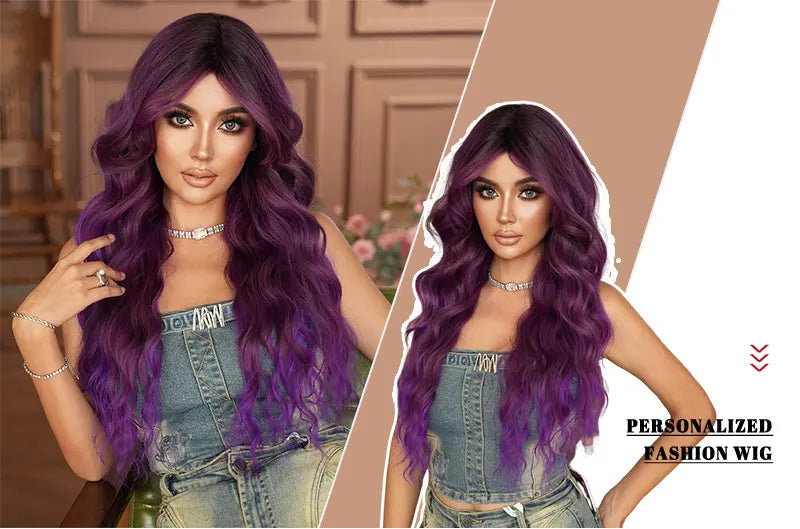 Ombre Purple Synthetic Hair Skunk Stripe Long Wavy Wigs, Heat Resistant Fiber, Wholesale, Natural Matt Wigs, 30 Inch