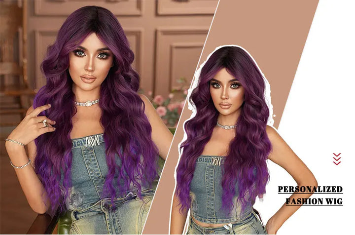 Ombre Purple Synthetic Hair Skunk Stripe Long Wavy Wigs, Heat Resistant Fiber, Wholesale, Natural Matt Wigs, 30 Inch