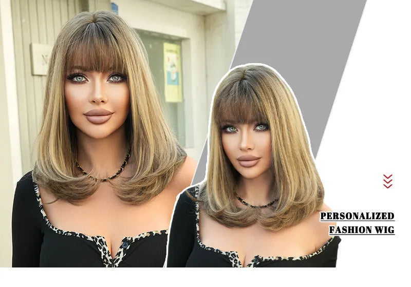16 Inch Ombre Honey Blond Shoulder Length Straight Synthetic Heat Resistant Wig for Women Natural Hair Slit Matte Hair Wig