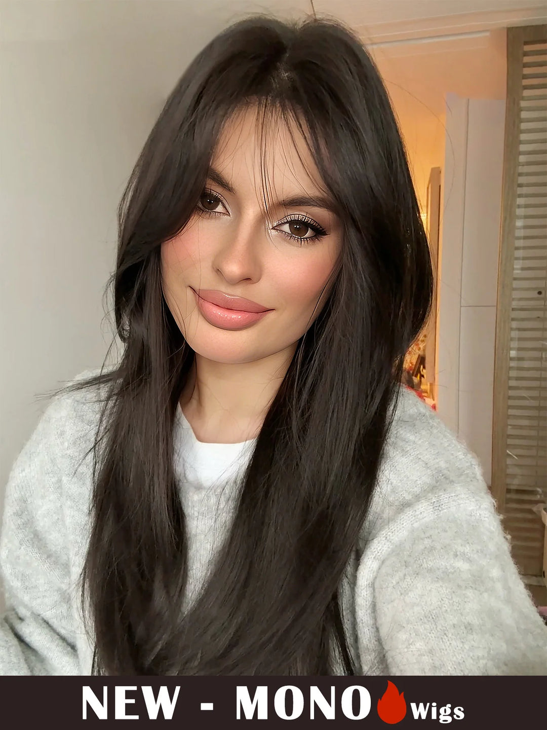 Monotop U Lace Long Straight Layered Wig for Women 26 Inches Heat Resistant Synthetic Black Wig with Natural Hairline.