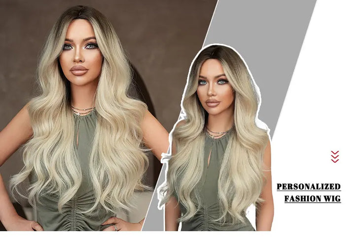 30 Inch Ombre Platinum Blonde Long Curls Synthetic Wig for Women. Heat Resistant with Natural Hair Slit. Matte White Hair Wigs. Peluca