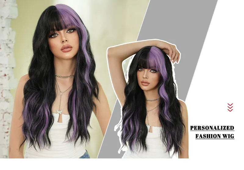 28in Long Wavy Black Purple Highlight Wig, Natural Heat Resistant Synthetic Curly Style with Bangs for Women.