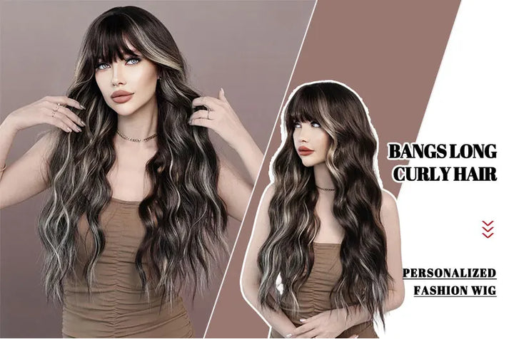 Brown wig with bangs, long wavy style with mixed blonde highlights. Made from natural curly synthetic fiber, resistant to heat. Perfect for daily use by women.