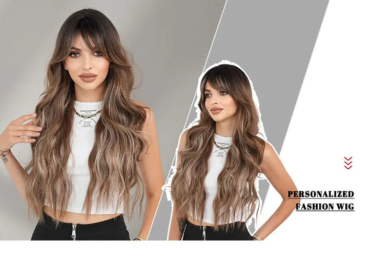 Ombre Brown Long Curly Hair Wig with Bangs for Women - 28 Inches