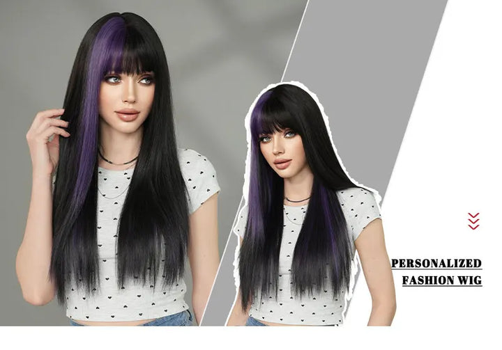Orange Blonde Long Straight Wig with Bangs Synthetic Cruella De Vil Costume Hair Wig for Women Cosplay Anime Party Halloween.