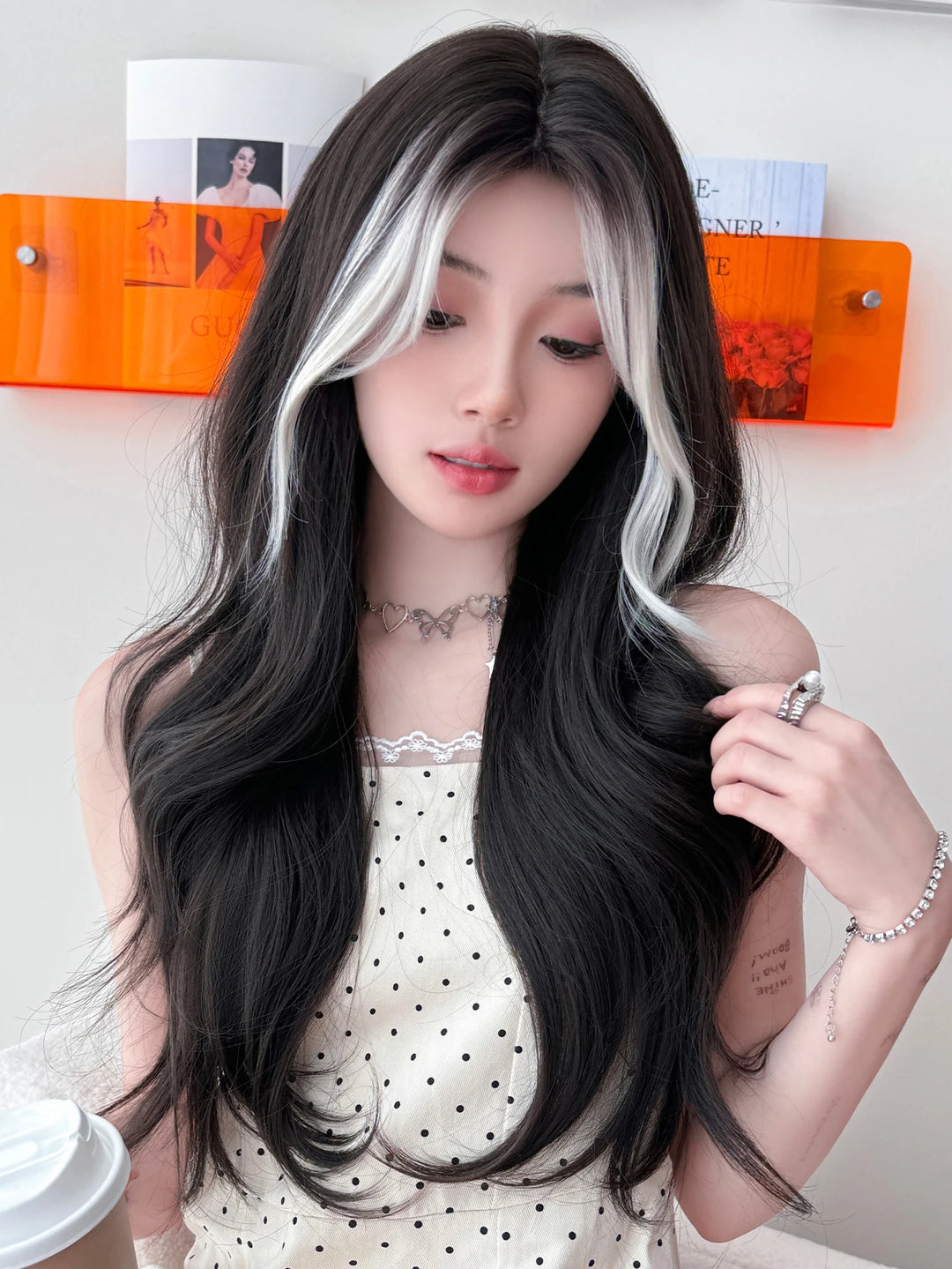 28-inch long highlighted black curly hair with bangs synthetic matte hair wig for women. Heat resistant.