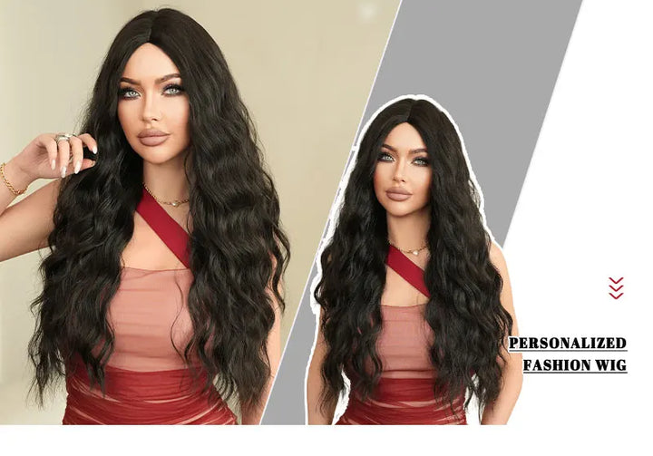 30 Inch Natural Black Long Curls Synthetic Heat Resistant Wig for Women with Middle Part Water Waves Hair. Features a Slit Matte Hair Wigs Peluca.