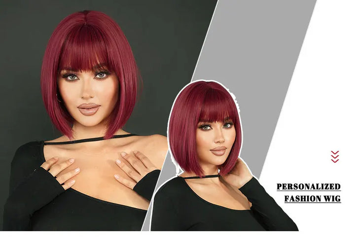 12-inch Short Bob Straight Wig with Bangs - Natural Red Yaki Synthetic Heat Resistant Burgundy Red Hair for Party Cosplay.