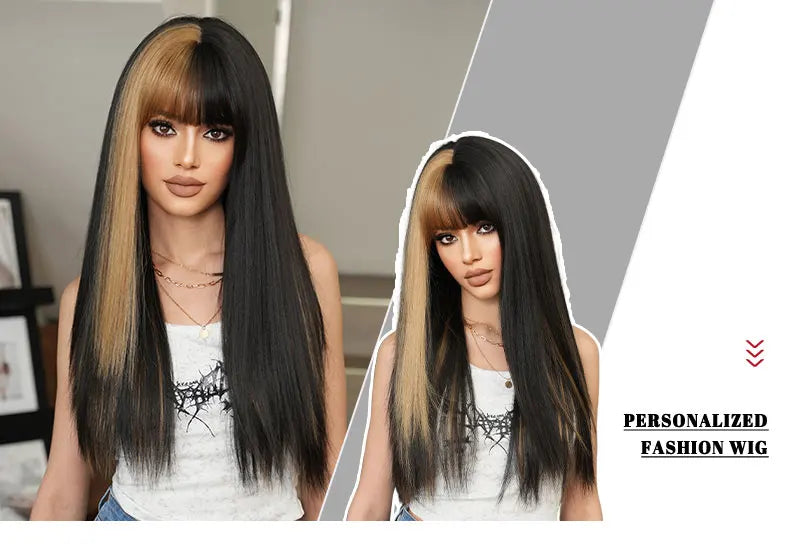 Orange Blonde Long Straight Wig with Bangs Synthetic Cruella De Vil Costume Hair Wig for Women Cosplay Anime Party Halloween.