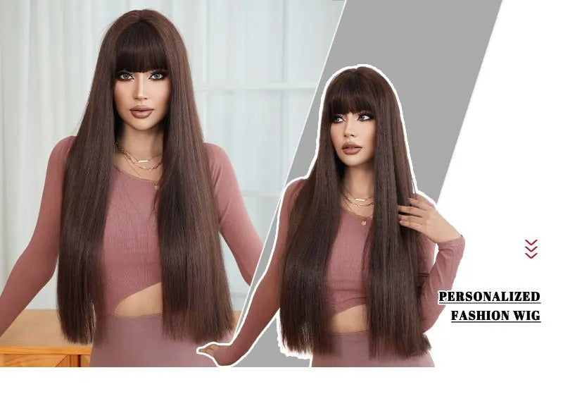 28 Inch Natural Black Wig with Bangs Extra Long Straight Wig for Women. This wig is natural-looking and comes in black-brown synthetic material.