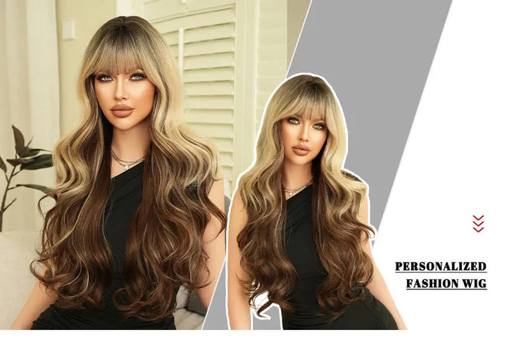 30" Ombre Blonde Curly Synthetic Wig with Bangs for Women. Heat resistant, natural hairline, matte finish. Perfect for cosplay