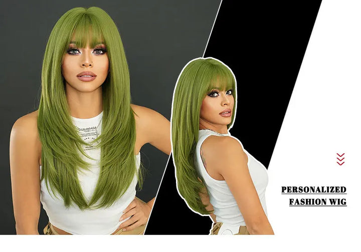 26" Long Wavy Red Layered Wig with Bangs, Synthetic Heat Resistant Hair for Daily Use.