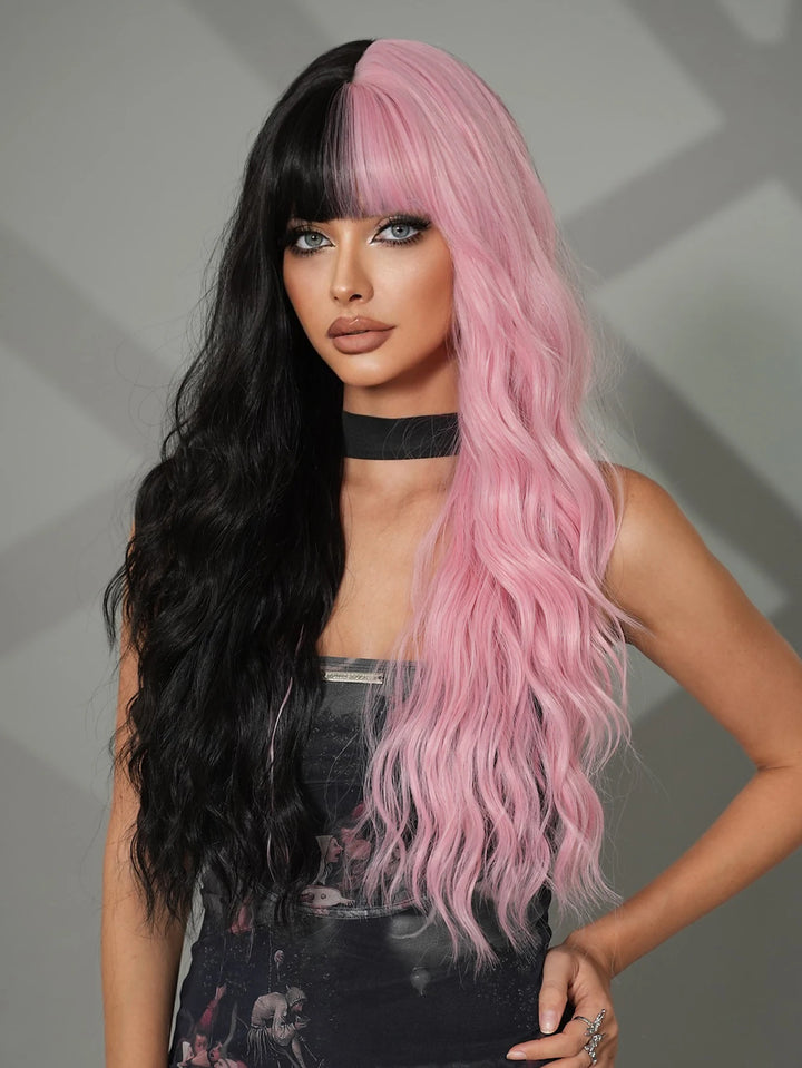 Black Pink Synthetic Hair Skunk Stripe Long Wavy Wigs Heat Resistant Fiber Wholesale Natural Matt Wigs 30 Inch