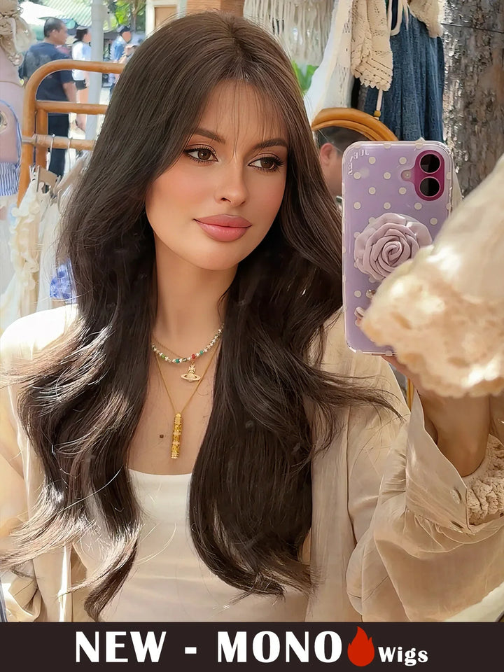 Monotop U Lace Long Straight Layered Wig for Women 26 Inches Heat Resistant Synthetic Black Wig with Natural Hairline.