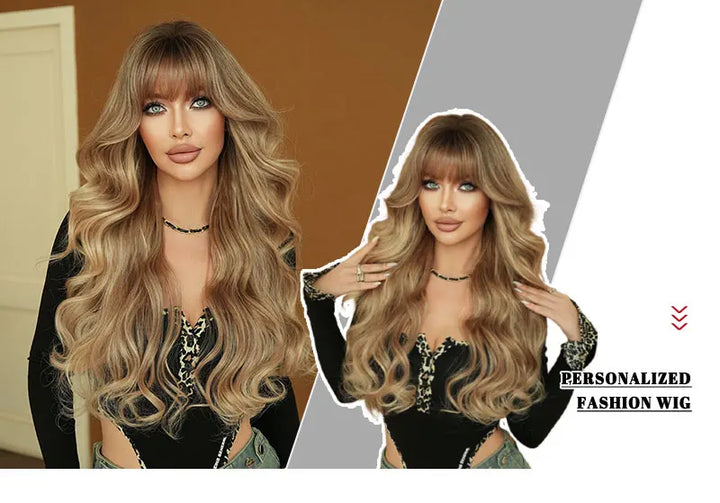 28" Blonde Curly Lace Front Wig with Bangs - Heat Resistant Synthetic Hair for Women