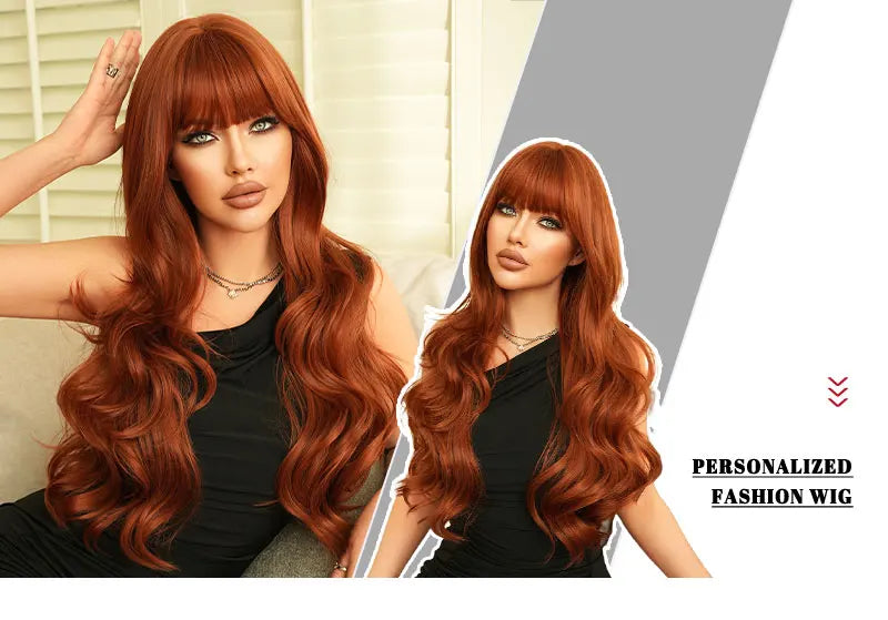 30" Copper Orange Long Curly Synthetic Wig with Bangs for Women. Heat resistant and natural hairline. Perfect for cosplay.