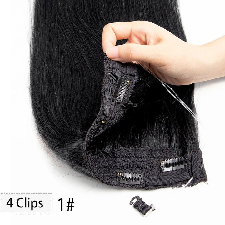 Fish Line Wire Hair Extensions - Invisible Clip-in Human Hair Extensions with 4 Clips. Made from real natural hair, available in lengths of 12-24 inches.