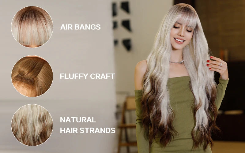 Ombre White Wig Long Wavy Wigs with Bangs for Women Long Platinum Blonde Wig Natural Looking Synthetic Heat Resistant Hair