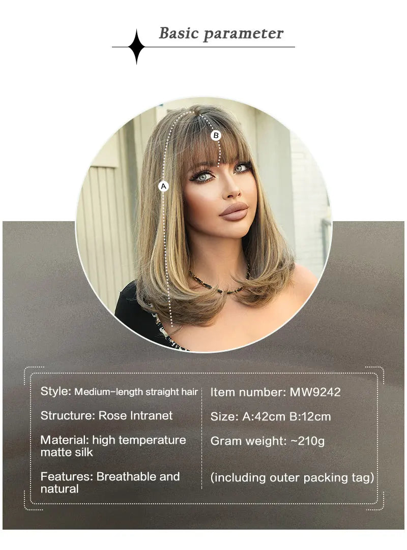 16 Inch Ombre Honey Blond Shoulder Length Straight Synthetic Heat Resistant Wig for Women Natural Hair Slit Matte Hair Wig