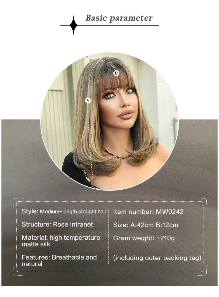 16 Inch Ombre Honey Blond Shoulder Length Straight Synthetic Heat Resistant Wig for Women Natural Hair Slit Matte Hair Wig