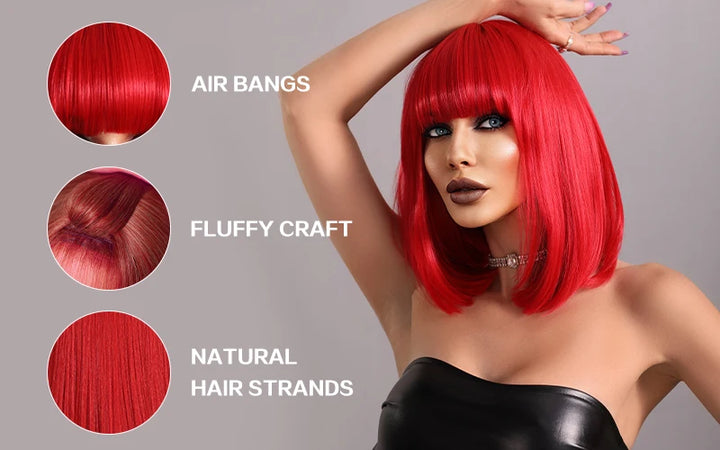 Short red wig with bangs for women, perfect for parties and cosplay. Made of heat-resistant synthetic material.