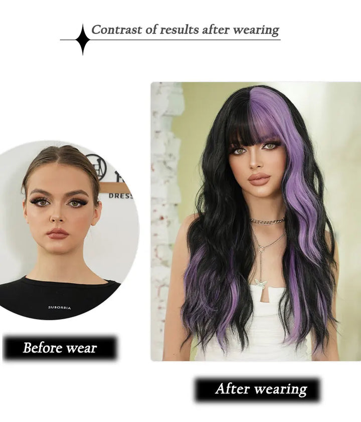 28in Long Wavy Black Purple Highlight Wig, Natural Heat Resistant Synthetic Curly Style with Bangs for Women.