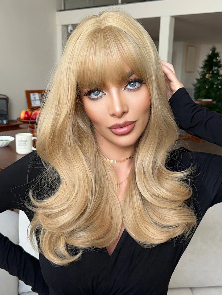 26 Inch Long Blond Curly Hair Wig with Bangs Synthetic Matte Hair Wig for Women.