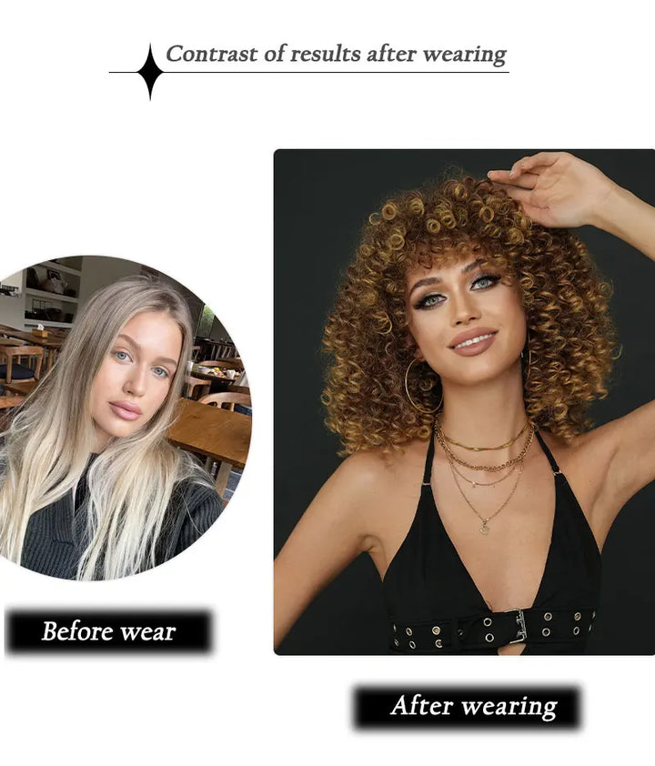 18" Curly Afro Wig with Bangs for Black Women. Kinky curly synthetic wig in ombre brown blonde.