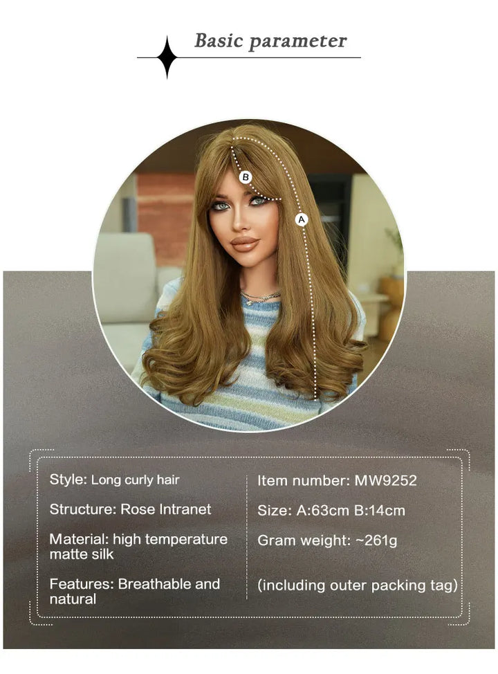 24-inch long curly middle-parted blond synthetic hair wigs with bangs. Blonde heat-resistant fiber natural matte wigs. Peluca.