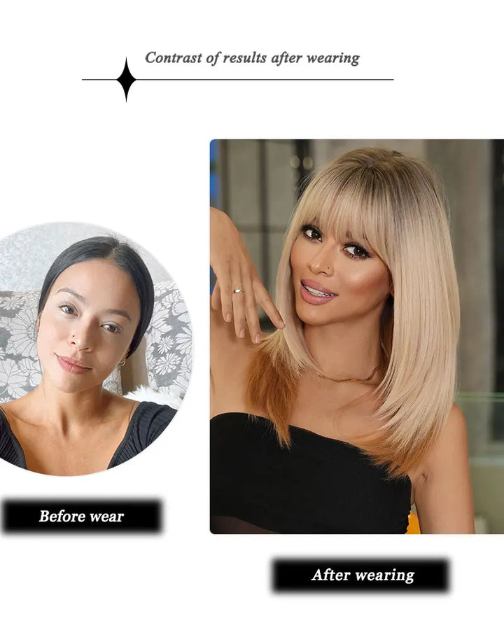 Ombre Blonde Wigs for Women Medium Length Straight Layered Synthetic Wigs With Bangs