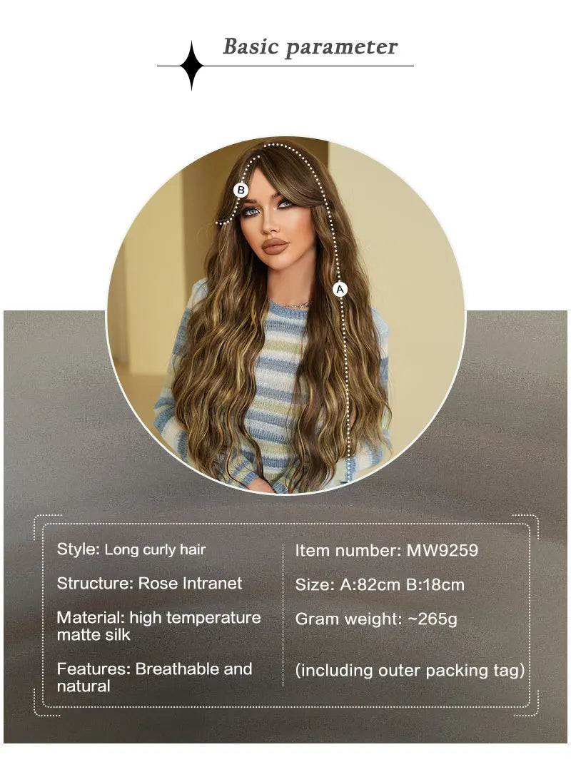 32 Inches Extra Long Honey Blond Middle Parting Wig with Bangs. This synthetic water wave wig is glueless with a natural hairline and matte hair finish.