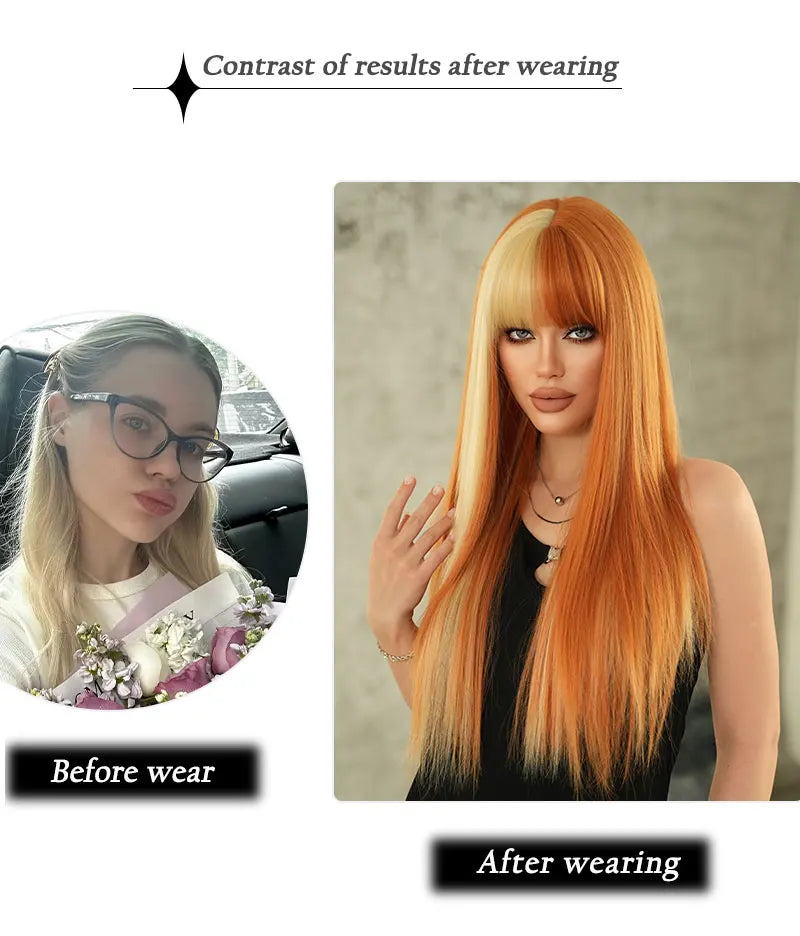 Orange Blonde Long Straight Wig with Bangs Synthetic Cruella De Vil Costume Hair Wig for Women Cosplay Anime Party Halloween.