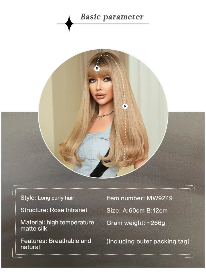 24 Inch Long Curly Ombre Blond Synthetic Hair Wigs with Bangs Blonde Heat Resistant Fiber Natural Matt Wigs Peluca
