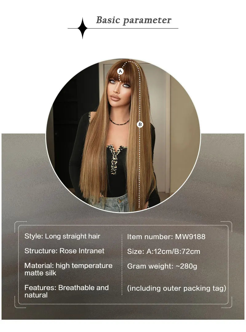 28 Inch Natural Black Wig with Bangs Extra Long Straight Wig for Women. This wig is natural-looking and comes in black-brown synthetic material.